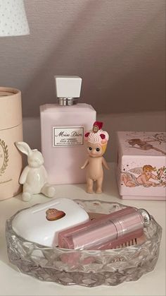 an assortment of beauty products displayed on a table