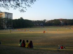 several people are sitting on the grass watching a soccer game at sunset in a city park