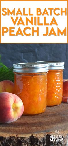 small batch vanilla peach jam on a wooden table