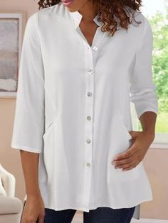 White Casual Stand-up Collar Solid Short Sleeve Blouse - Azzlee White Half Sleeve Top With Button Closure, White Tops With Roll-up Sleeves For Fall, White Top With Roll-up Sleeves For Fall, White Half Sleeve Top For Work, White Half Sleeve Workwear Top, White Half Sleeve Blouse With Buttons, Elegant White Shirt With 3/4 Sleeves, Elegant Half Sleeve Tops With Buttons, Elegant White Tops With Roll-up Sleeves