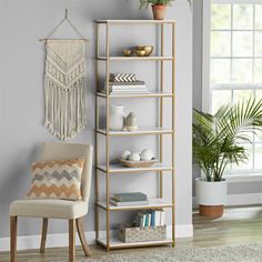 a room with a chair, book shelf and potted plant