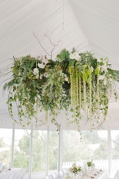 an arrangement of greenery hangs from the ceiling in a tented wedding reception area