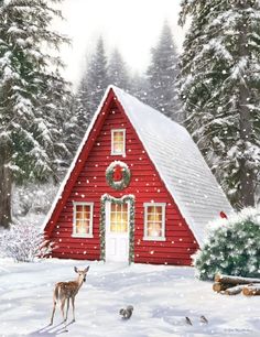 a painting of a red house with a wreath on the door and deer in front