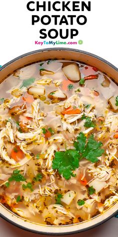 chicken potato soup in a pot with cilantro and parsley