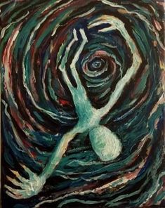 an abstract painting of a person in the center of a spiral vortex with their arms stretched out