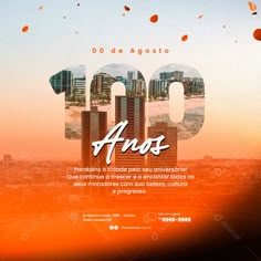 an advertisement with the number 100 in spanish on top of a cityscape and confetti