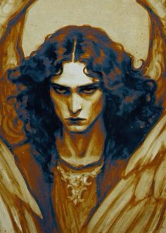 a painting of an angel with long hair and horns on it's head is shown