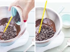 two pictures showing how to make chocolate pudding in a bowl with straws and spoons