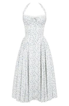 Fall for the retro-inspired silhouette of this halter dress designed with a pleated corseted bodice and a flared skirt. Exclusive retailer Halter neck Lined 65% cotton, 32% nylon, 3% elastane Dry clean Imported Corset Dress Casual, Modern Genshin, Chloé Dress, Floral Skirt Outfit, Delicate Heels, Genshin Dr, Floral Skirt Outfits, Gown Sewing Pattern, Cottage Dress