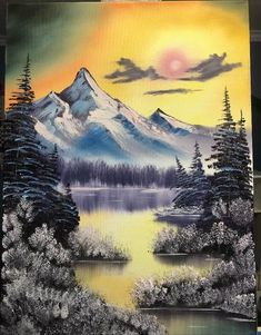 a painting of a mountain lake with trees in the foreground