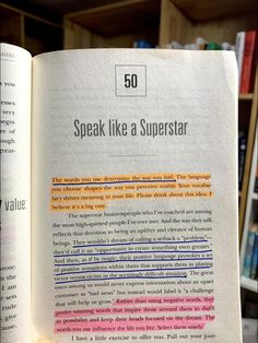 an open book with the words speak like a superstar written in different colors on it