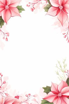 a white background with pink flowers and green leaves