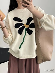 Lasaky - Womens Knit Sweater with Floral Patterning, Long Sleeve Casual Crew Neck, and Fashionable Design. Womens Knit Sweater, Knitting Women, Long Sleeve Casual, Beige Color, Long Sleeve Sweater, Knit Sweater, Knit Fabric, Knitting Patterns, Collar Styles