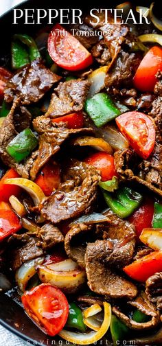 beef and peppers stir fry in a skillet with the words pepper steak on top