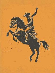 a man riding on the back of a horse in front of an orange background with black outline