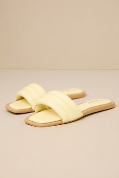 Keep it simple but make it luxe with the Lulus Ameeria Lemon Flat Slide Sandals! These must-have sandals have a smooth faux leather construction that shapes a square footbed and a wide vamp strap with a puffy, quilted-like effect. The simple slide-on design makes for an effortless final finish to your OOTDs! 0. 5" rubber heel. Cushioned insole. Rubber sole has nonskid markings. Man made materials. Imported. Lulus | Ameeria Lemon Flat Slide Sandal Heels | Size 6.5. Sandals Flat, Size 11 Heels, Rubber Heels, Keep It Simple, Women's Summer Fashion, Slide Sandals, Summer Women, Rubber Sole, Make It