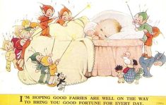 an old children's greeting card with cartoon characters around a baby in a crib