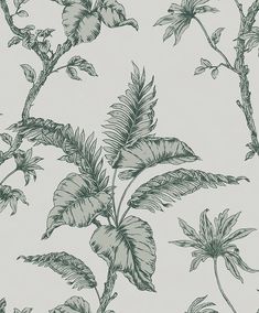 a wallpaper with green leaves and flowers on the side, in shades of grey