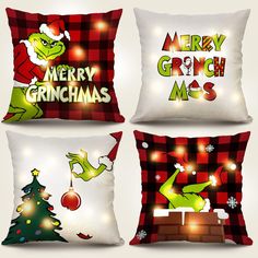 three christmas pillows with the grin's characters on them and lights in the background