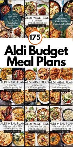 an ad for the aldi budget meal plan, with pictures of different dishes and words