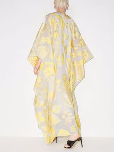 This yellow Taller Marmo 1969 jacquard kaftan dress is crafted in Italy with cotton and silk. Cut for a loose fit, it has a round neckline and wide sleeves creating a fluid silhouette that falls to a maxi length waterfall hem. It's complete with an all-over oversized yellow and gold botanical print. Kaftan Ramadan, Taller Marmo, Eid Dress, Yellow Leaf, Eid Dresses, Kaftan Dress, Botanical Print, Wide Sleeves