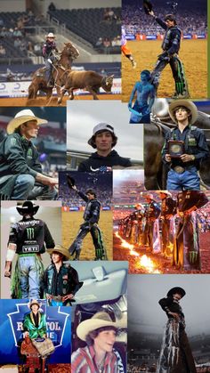 the collage shows many different pictures of people in cowboy outfits and hats, including horses,