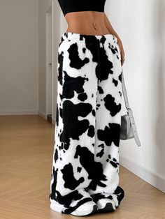 Cow Print Plush Straight-Leg Pants, Casual Daily Wear Black and White Casual   Polyester Animal,Colorblock,All Over Print,Textured Pattern Wide Leg Medium Stretch  Women Clothing, size features are:Bust: ,Length: ,Sleeve Length: Cow Print Outfit Ideas, Cow Print Outfit, Sweatpants Cargo, Black And White Flannel, Pink Tour, Printed Wide Leg Pants, Pantalon Large, Knitting Girls, Flare Leggings