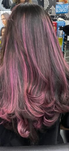 Pink Hair Dye Streaks, Dark Purple With Highlights, Dark Hair With Light Pink Highlights, Light Pink Underneath Hair Dark Brown, Strawberry Pink Highlights In Brown Hair, Streaks Of Color In Hair Brown, Wine Pink Hair, Cute Purple Hair Dye Ideas, Cute Pink Highlights