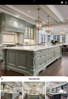 an image of a kitchen with blue cabinets and white counter tops, along with chandeliers