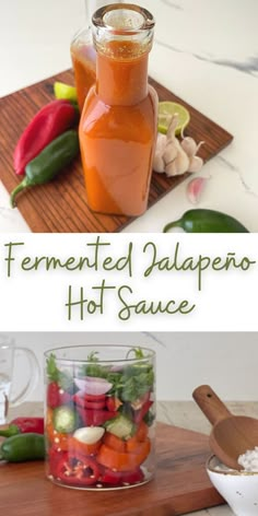 fermeted jalapeno hot sauce in a glass jar on a cutting board