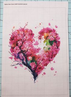 a painting of a heart shaped tree with pink flowers in the center on a piece of white paper