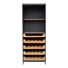 the wine rack is made from black metal and has wooden shelves with compartments for bottles