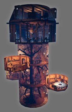 an artistic rendering of a tree house in the middle of a room with stairs and tables