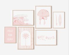 pink and white wall art featuring seashells, palm trees, waves, pray for surf