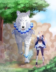 a woman standing in front of a white wolf with blue beads on it's chest