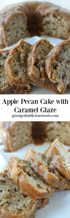 two pictures of apple pecan cake with caramel glaze on the top and bottom