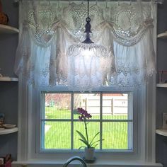 a kitchen window with a potted plant on the counter and some shelves below it