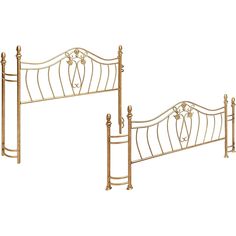 two gold metal beds side by side against a white background