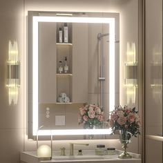 a bathroom with a large mirror and flowers on the counter