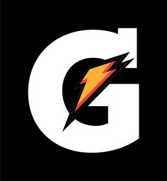 the letter g with an orange and yellow lightning bolt on it's center side