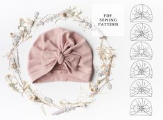 a pink hat with a bow on top and four different patterns to sew it