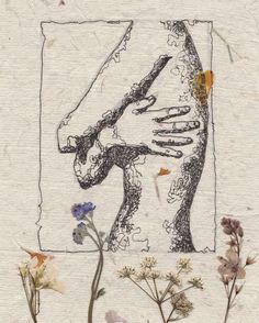 a drawing of a hand reaching out from the ground with flowers in front of it