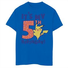 a blue t - shirt that says it's my 5th birthday with pikachu