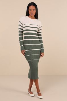 Prepare to (comfortably) strut your stuff amid falling leaves in the Lulus Seasonal Status Green and Cream Striped Midi Sweater Dress! Plush stretchy sweater knit, with a green and cream striped pattern, shapes this fall-ready dress with a crew neckline framed by long fitted sleeves. The figure-flaunting silhouette hugs your curves just right before falling to a chic midi hem with a classic kick pleat at back. Pair with your favorite boots to create the perfect cool weather look! Fit: This garment fits true to size. Length: Mid-calf length. Size medium measures 47" from shoulder to hem. Bust: Great for any cup size. Waist: Fitted - stretchy fabric allows custom fit. Hip: Fitted - stretchy fabric allows room for hips. Undergarments: May be worn with any standard bra. Fabric: Fabric is very Casual Green Midi Sweater Dress, Green Fitted Midi Length Sweater Dress, Green Fitted Midi Sweater Dress, Green Ribbed Knee-length Sweater Dress, Sweater Dress Long, Elegant Ribbed Midi-length Sweater Dress, Midi Sweater Dress, Cozy Sweater Dress, Green Dress Casual