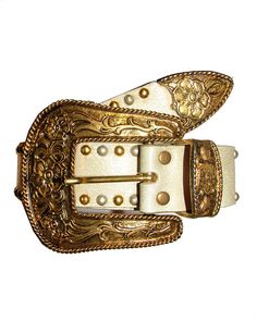 This belt features silver and Gold mixed studs on a champagne colored strap, finished with a gold plated Western buckle set. Vintage Sample! Minor wear. Sold AS IS. 1.5"W Genuine Leather Made in the USA Gold Western Belt Buckles For Formal Wear, Gold Western Belt Buckles For Formal Occasion, Luxury Adjustable Gold Belt Buckle, Luxury Gold Adjustable Belt Buckle, Luxury Gold Belt For Party, Vintage Gold Belt Buckles, Adjustable Gold Belt Buckle, Adjustable Gold Party Belt, Adjustable Gold Belt Buckles