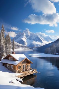 a cabin on a lake surrounded by snow covered mountains