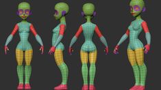 an animation character is shown in three different poses, including the body and head shapes