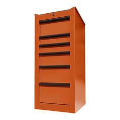 an orange metal cabinet with five shelves on one side and four drawers on the other