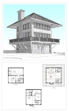 two story house plans with floor plans and elevation details for the second story, third story