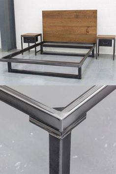 two different views of a bed frame with wood and metal details on each side, one showing the headboard and foot board